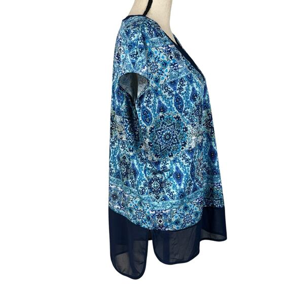Roz & Ali X-Large Top Geometric Stretch Hi-Low Hem V-Neck Dolman Cap Sleeve Blue - Picture 4 of 9